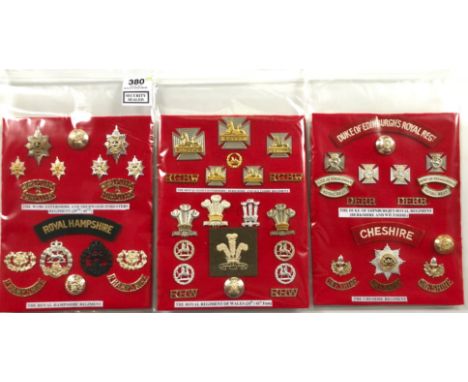 3 cards of Hampshire, RGBW, DERR, Cheshire, RRW and Worcester &amp; Sherwood F’s insignia.  A good selection of mainly anodis