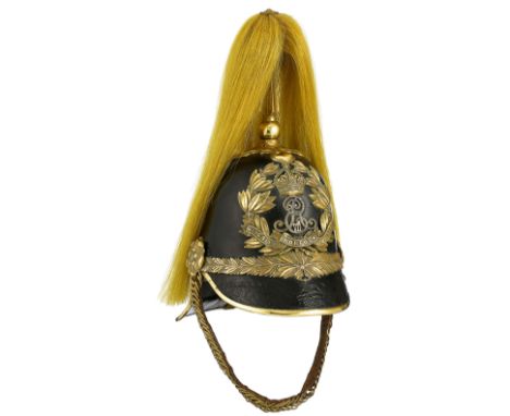 Norfolk Imperial Yeomanry Trooper’s Helmet.   A fine scarce example of the pattern unique to this regiment. Black leather sku