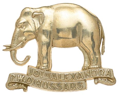 19th (ALEXANDRA P.O.W) Hussars “double scroll” elephant Edwardian cap badge circa 1902-9.  A fine rare die-stamped white meta