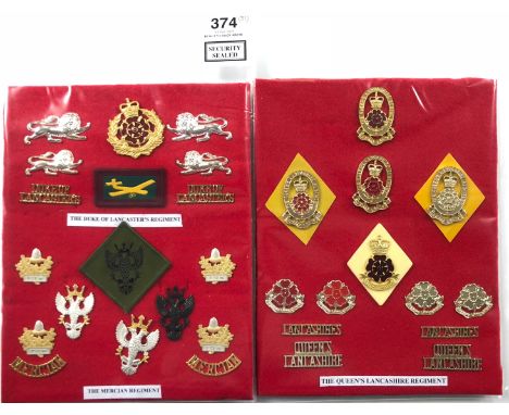 2 cards of Duke of Lancaster’s, Mercian &amp; Queen’s Lancashire Regiment insignia.  A good selection of mainly anodised cap 