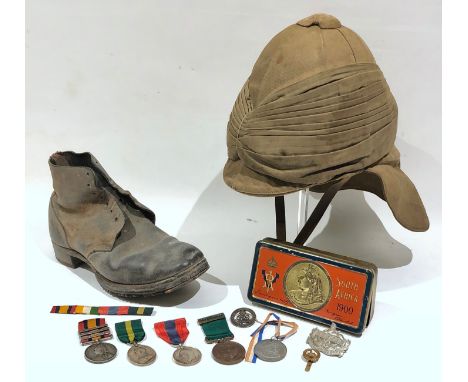 Boer War 2nd Bn Gloucestershire Regiment Attributed Other Ranks Helmet, Medals &amp; Shrapnel Hit Boot.  An extremely rare gr