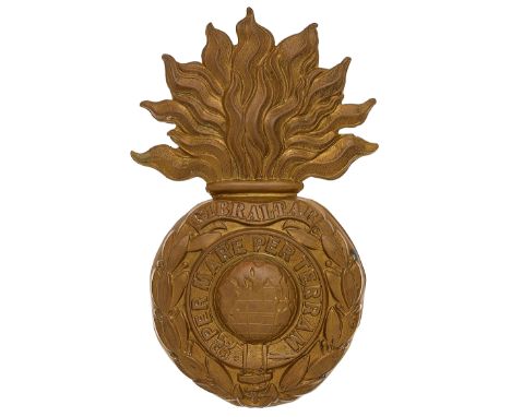 Royal Marine Artillery OR’s helmet plate circa 1878-1905.  A good die-stamped brass example. Large flaming grenade; the ball 