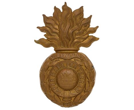 Royal Marine Artillery OR’s helmet plate circa 1878-1905.  A good die-stamped brass example. Large flaming grenade; the ball 