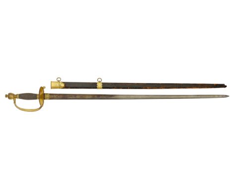 Napoleonic War Period 1796 Infantry Pattern Sword  The 32 inch straight spearpoint blade retains traces of blue &amp; gilt de