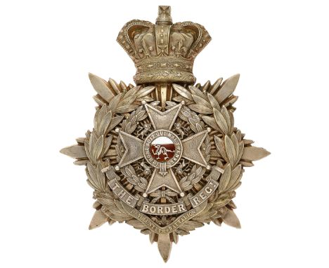 1st VB Border Regiment Victorian Officer’s helmet plate circa 1887-1901.  A fine scarce silvered example. Crowned star mounte
