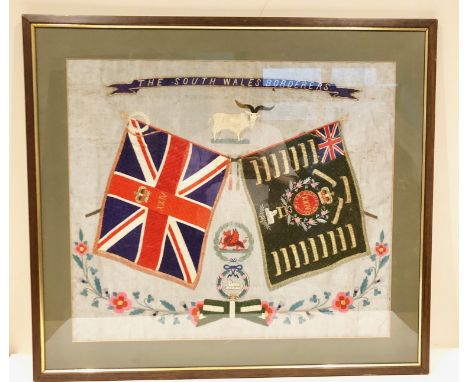 South Wales Borderers silk embroidered panel.  A well executed post 1905 example. Green grey silk embroidered with quilted cr