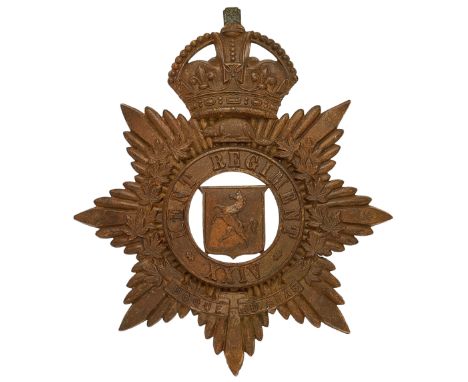 Canadian. 24th Kent Regiment post 1907 OR’s helmet plate.  A scarce die-stamped brass excavated example. Crowned star bearing