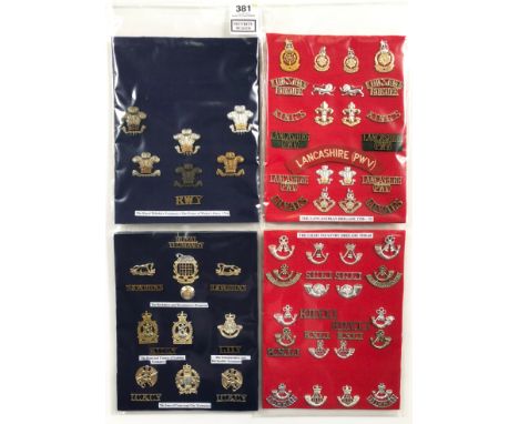 4 Cards of assorted Yeomanry,  Light Infantry and Lancastrian Brigade insignia.  Two with good selection mainly anodised to R