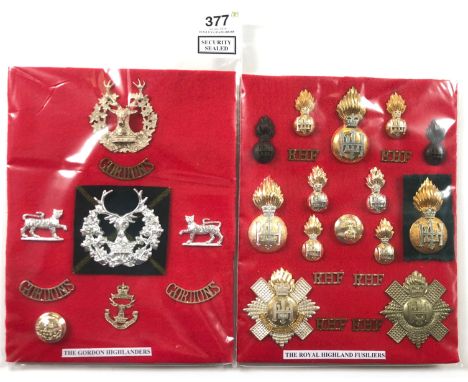 2 cards of Gordon Highlanders and Royal Highland  Fusiliers insignia.  A good selection of mainly anodised glengarry badges (