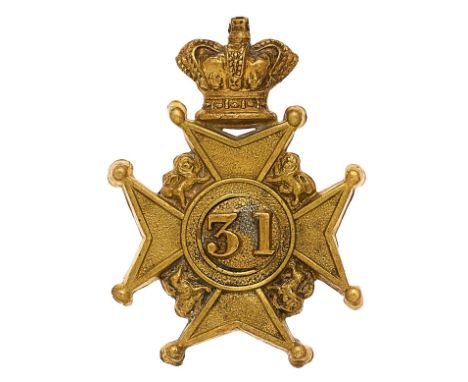 Indian Army. 31st (Punjab) Bengal Infantry Victorian cap  badge.  A good British made die-stamped brass example.  Crowned Mal