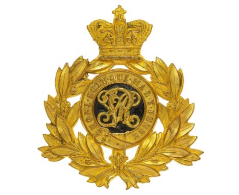 Inspector of Army Schools Victorian shako plate circa 1869-78.  A fine scarce die-stamped gilt example. Crowned laurel sprays