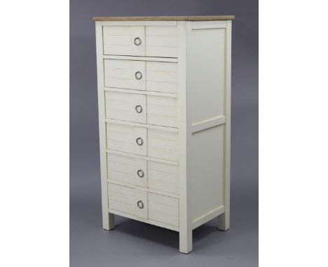 A modern upright white-finish chest fitted six long drawers &amp; with natural oak top, 25½” wide x 49½” high x 18½” deep.