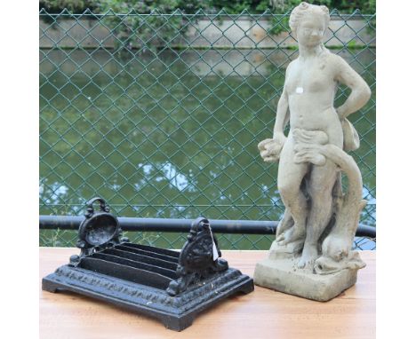 A Victorian-style black painted cast-iron boot-scraper, 18½” wide; &amp; a reconstituted stone female garden statue, 30½” hig