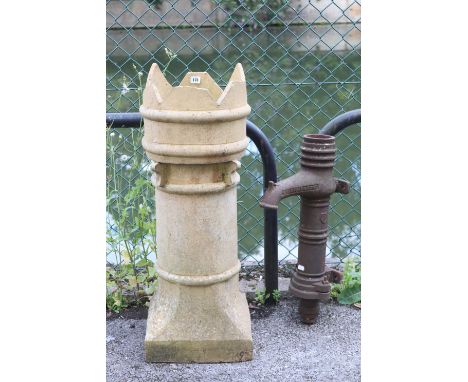 A reconstituted-stone chimney pot, 34” high, w.a.f.; &amp; a cast-iron garden water pump (incomplete), 24” high.