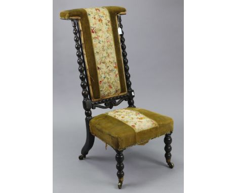 A late 19th century prie-dieu chair with padded seat &amp; tall back upholstered gold velour &amp; floral needlework tapestry