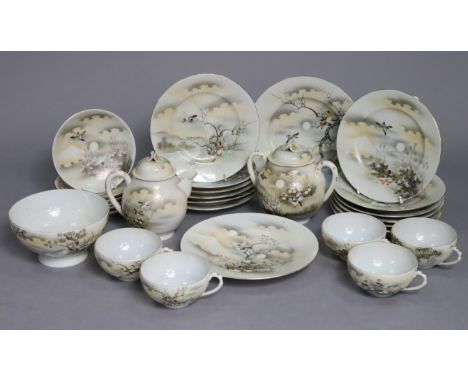 A Japanese egg-shell twenty-eight piece part tea service of white ground, &amp; with multi-coloured garden landscape decorati