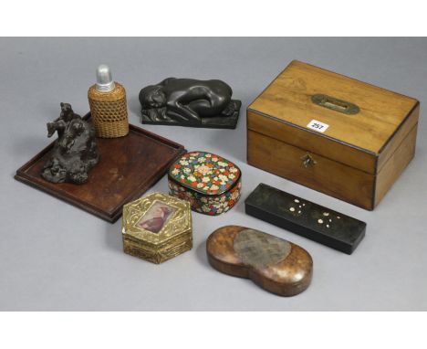 A 19th century walnut trinket box with fitted interior, 9¾” wide; together with four other trinket boxes; &amp; sundry other 