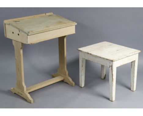 A pine sloping-front child’s school desk on square supports, 24” wide x 29½” high; &amp; a white painted pine occasional tabl