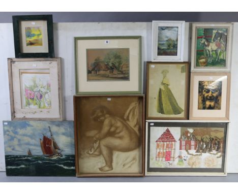 Various decorative paintings &amp; prints; &amp; two gilt frame rectangular wall mirrors.