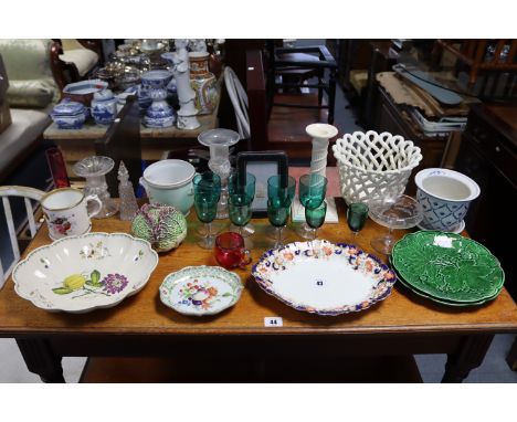 Nine various late 19th century drinking vessels each with green tinted bowls; a cranberry glass custard cup &amp; spill vase;