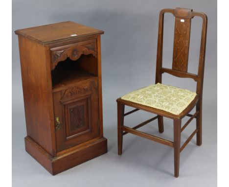 A late Victorian mahogany bedside cupboard, 15½” wide x 31” high; an Edwardian inlaid-beech splat-back occasional chair; an e