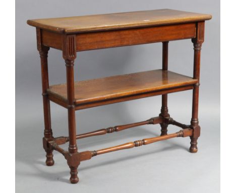 A late 19th century mahogany two-tier side table on four turned legs &amp; turned feet with turned stretchers, 38½” wide x 33