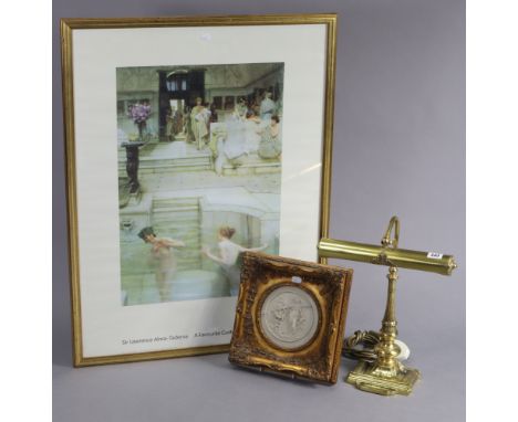 An Edwardian-style brass desk lamp, 16½” high; together with a white composition plaque, 5¾” diameter, in a gilt frame; &amp;