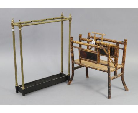 A late 19th/early 20th century bamboo &amp; woven-cane two-division magazine-rack, 16¾” wide x 21” high; &amp; a brass &amp; 