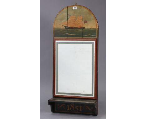 A reproduction wall mirror in a painted “maritime” wooden frame &amp; inset rectangular plate with shelf below, 16¾” wide x 3