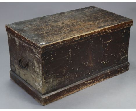 An early 20th century stained deal blanket box with hinged lift-lid, iron side handles, &amp; on plinth base, 36” wide x 18¾”