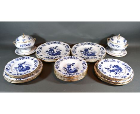 A Copeland Spode Part Dinner Service Blue Bowpot Pattern comprising a pair of covered tureens with stands, various plates and