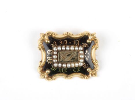 A Victorian yellow metal, black enamel and seed pearl mourning brooch
with a central braided hair panel surrounded by seed pe