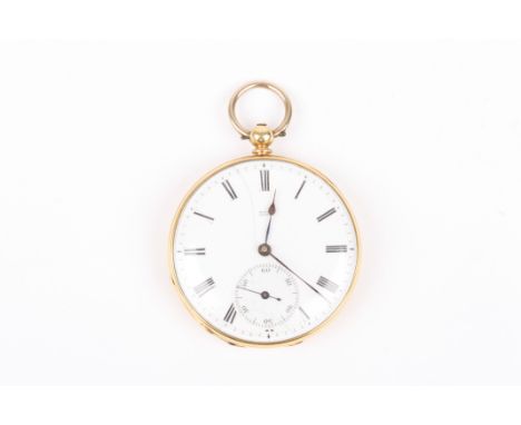An 18ct gold open faced pocket watch
with Swiss movement, enamel dial, subsidiary seconds, Roman numerals, key wind movement,