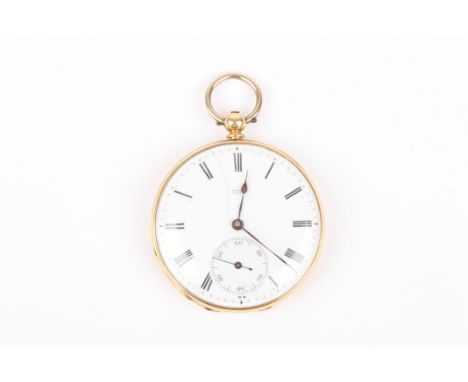 An 18ct gold open faced pocket watch
with Swiss movement, enamel dial, subsidiary seconds, Roman numerals, key wind movement,