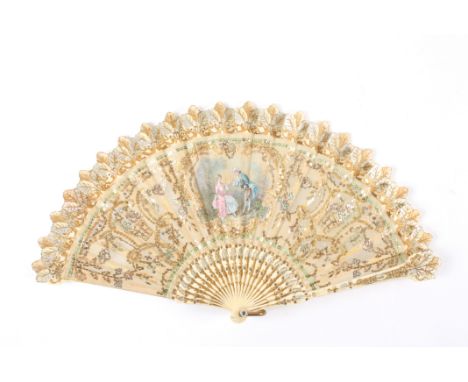 A bone and sequin decorated fan
the pierced and painted sticks and guard sticks, with material fan hand painted with vignette