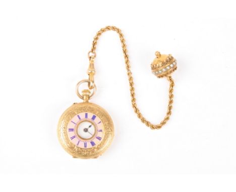 A ladies French 18ct gold and enamel half hunter fob watch with chain and pendant
the half hunter case with pink enamel surro