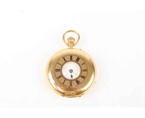 An 18ct gold half hunter pocket watch
hallmarked Chester 1895, the plain case with blue Roman numerals and a white enamel dia