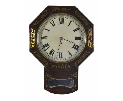 A brass inlaid rosewood trunk dial wall timepiece
mid 19th century
the 12-inch painted dial with Roman numerals, fusee moveme
