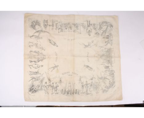 An interesting 19th century scarf titled 'Woman's Rights 1981' the cotton scarf printed in grey with numerous interesting sce