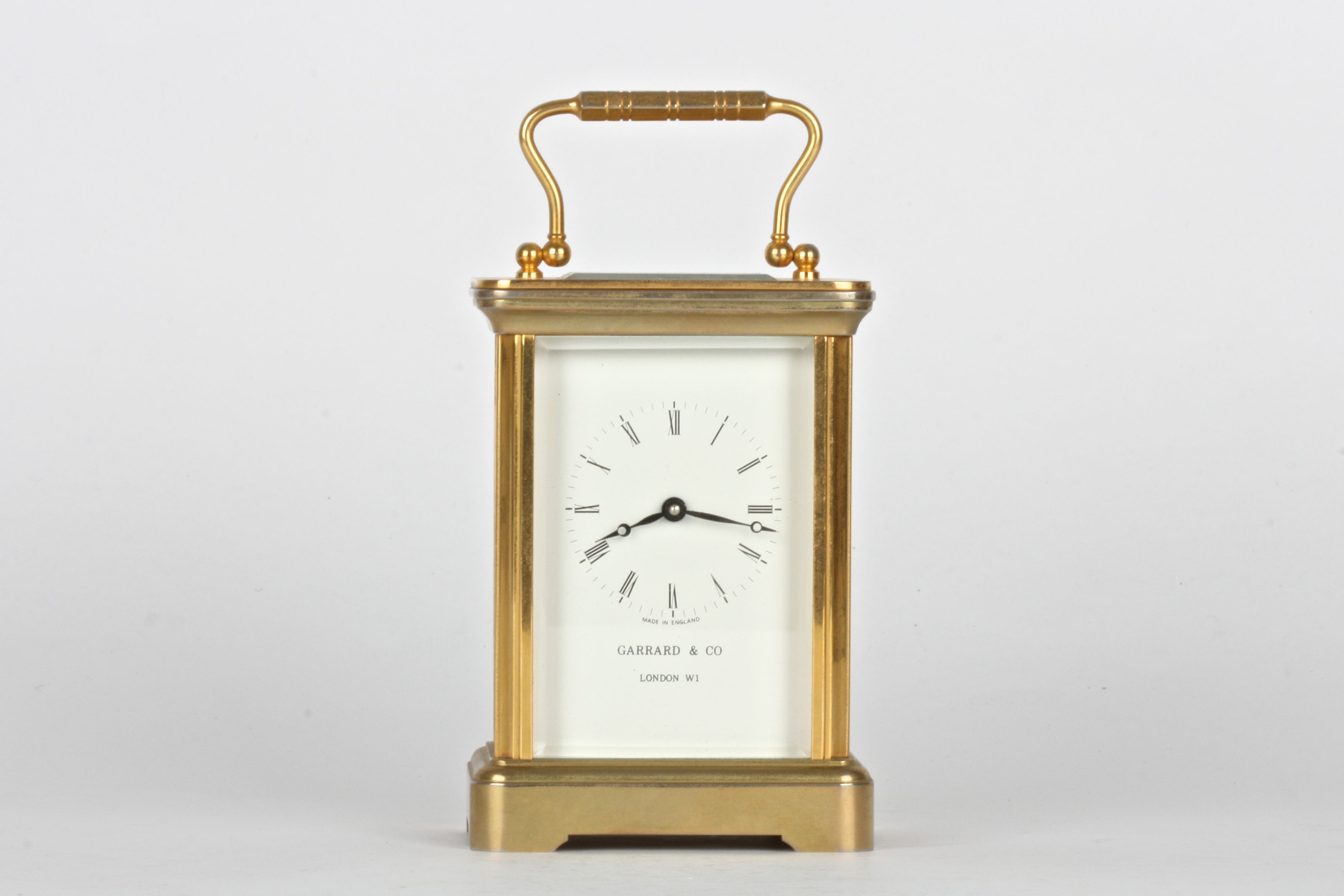 A 20th century Garrard & Co. brass carriage clock with white dial and
