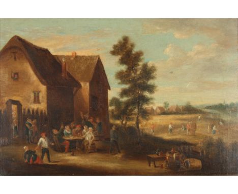 19th century Continental School
A scene of figures merrymaking outside a building, corn cutting in the distance. Oil on canva