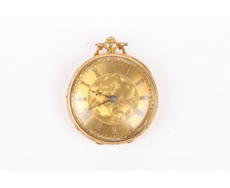 An 18ct gold pocket watch 
with gilded dial and Roman numerals, key wind movement, with chased and engine turned case inscrib