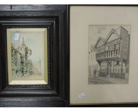 A watercolour, J Anderson, Flemish town, signed and dated 1902, 18 x 12cm, a pen and ink sketch, W R Boyd, Chester, signed an