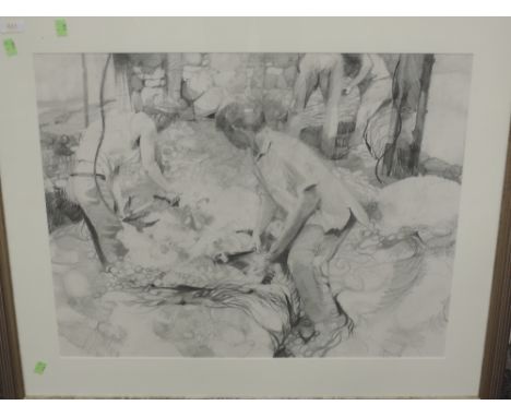 A pencil sketch, Goodall, sheep shearing, 54 x 67cm, plus frame and glazed