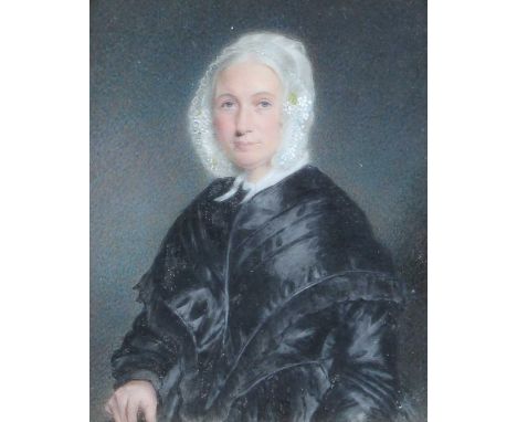 British School (19th century) Miniature Portrait of an Elderly Lady in White Silk Bonnet and Black Silk DressOil on board, in