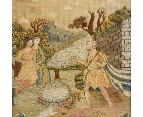 Georgian Silk Work Embroidered Picture of a shepherd with sheep drinking by a well, with two maidens, in a pastoral landscape