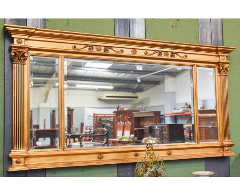 A Reproduction Regency Style Giltwood Tryptic Overmantle Mirror, of architectural form, Corinthium column pilasters, bevelled