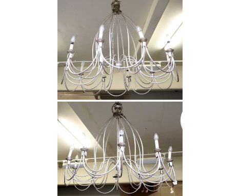 A Pair of Modern Silvered Ten Light Electroliers, 100cm drop