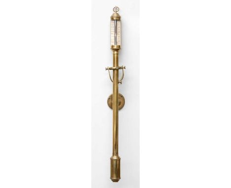 A Reproduction Brass Stick Barometer, on gimbal wall mount, silvered dial, 96cm high