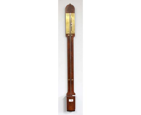 An Early 19th century Walnut Stick Barometer, single vernier brass dial, indistinctly signed, 95cm high